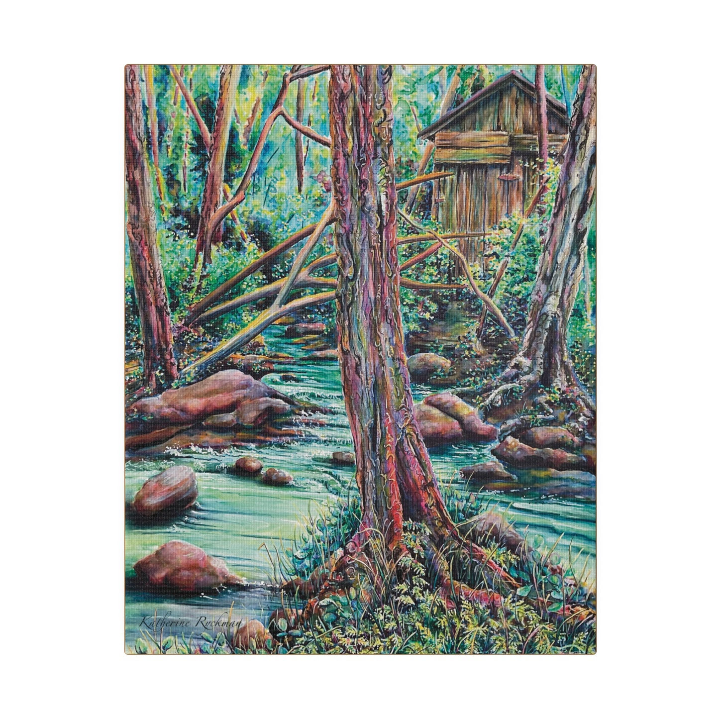 Canvas Print - Woodland River with Old Wooden Shack