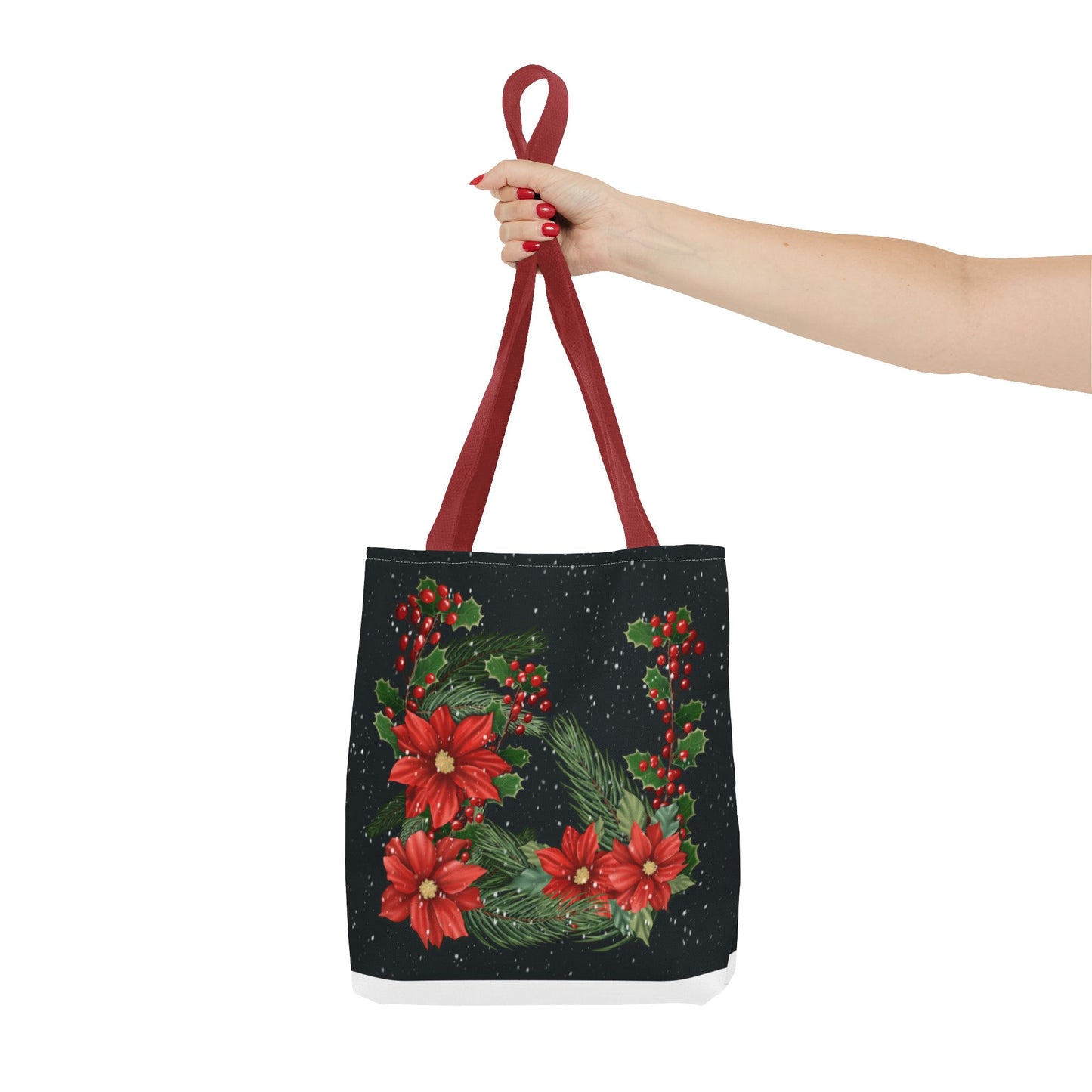 Christmas Tote Bag with Poinsettias, Pine, and Holly Design