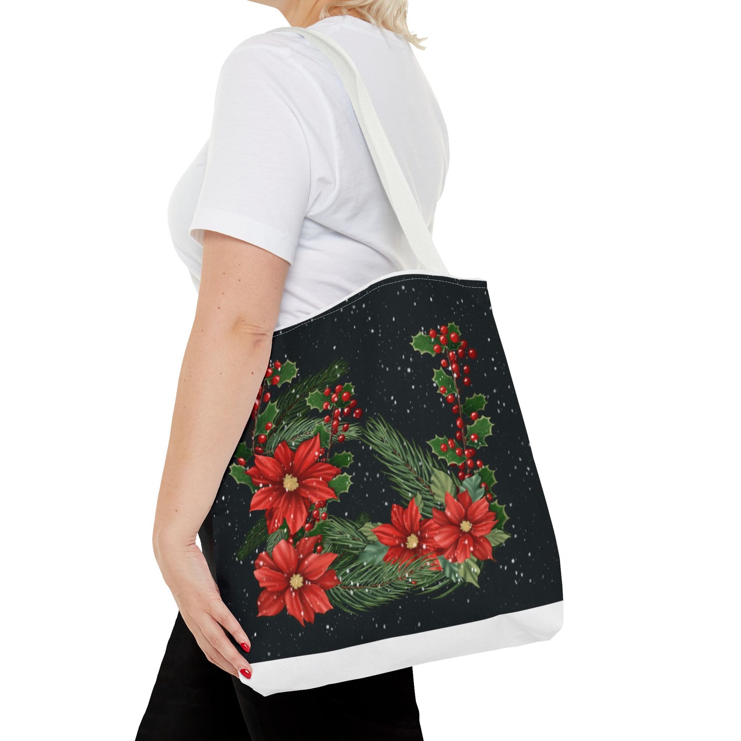 Christmas Tote Bag with Poinsettias, Pine, and Holly Design