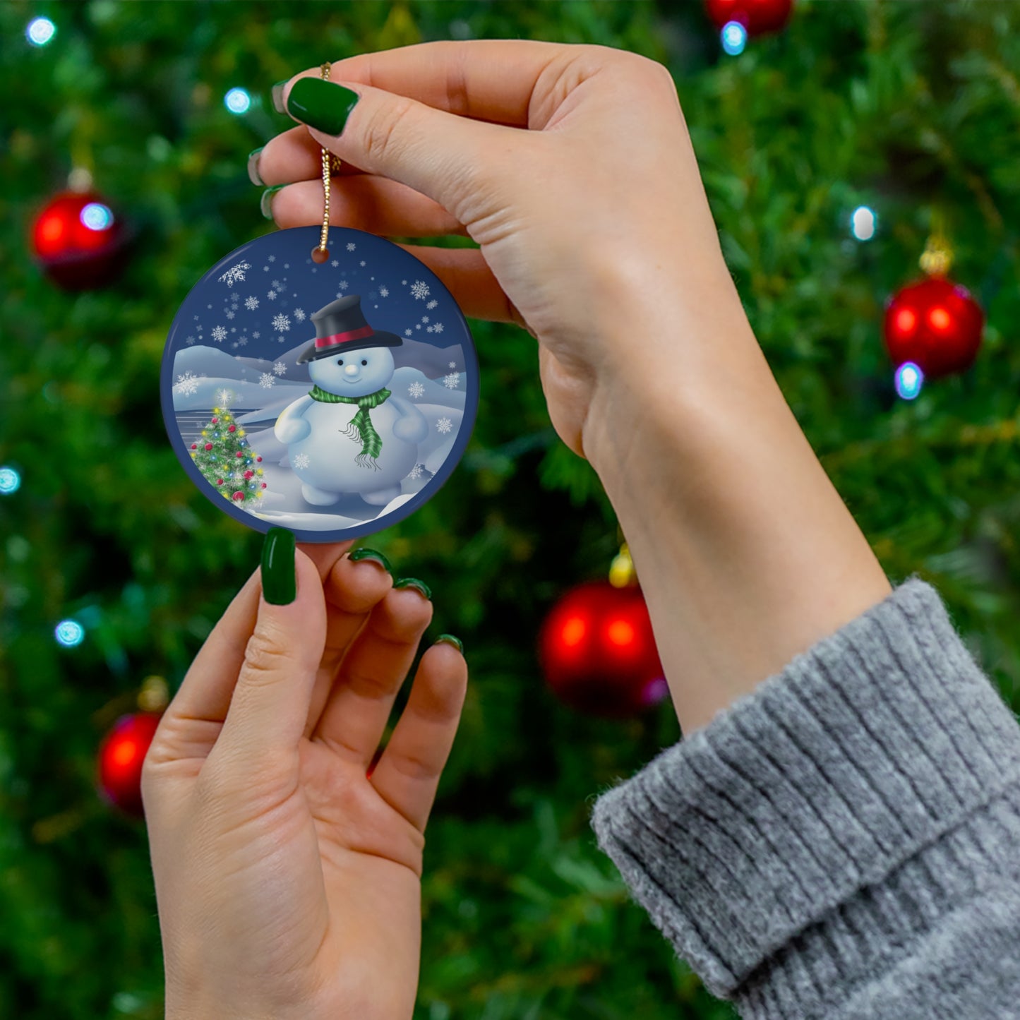 Ceramic Ornament - Snowman Snow Scene