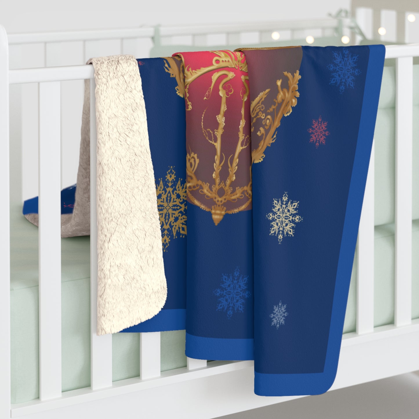 Sherpa Fleece Blanket - Blue with Red Christmas Ornament & Snowflakes