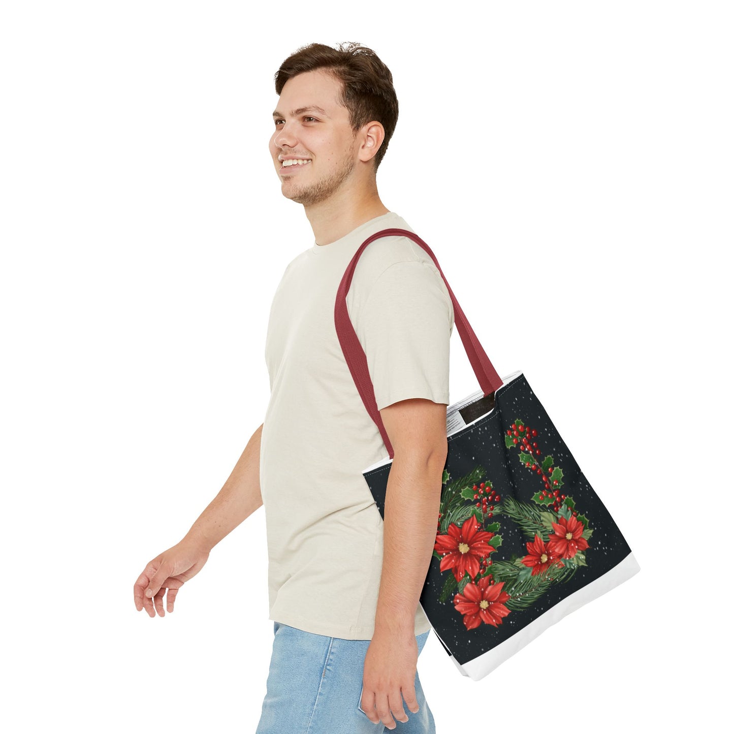 Christmas Tote Bag with Poinsettias, Pine, and Holly Design