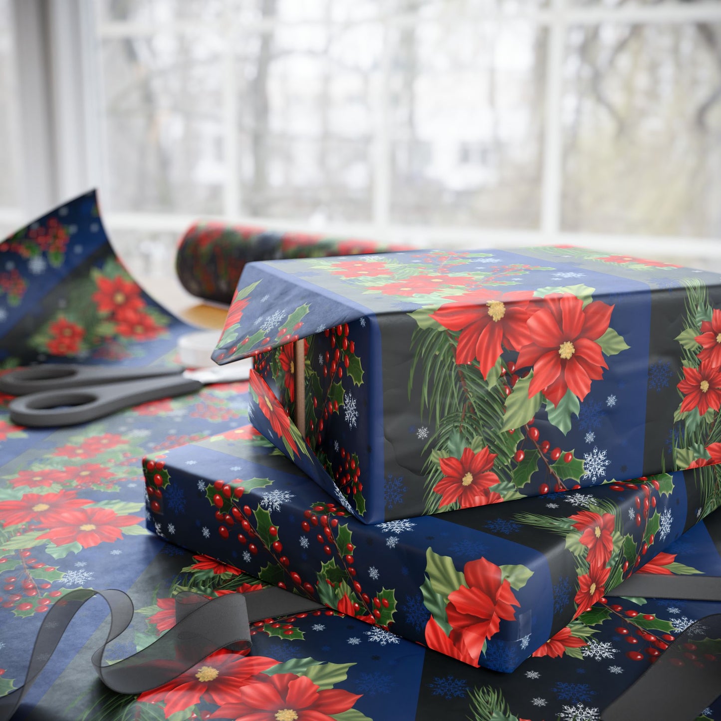 Wrapping Papers - Poinsettia, Pine and Holly Design