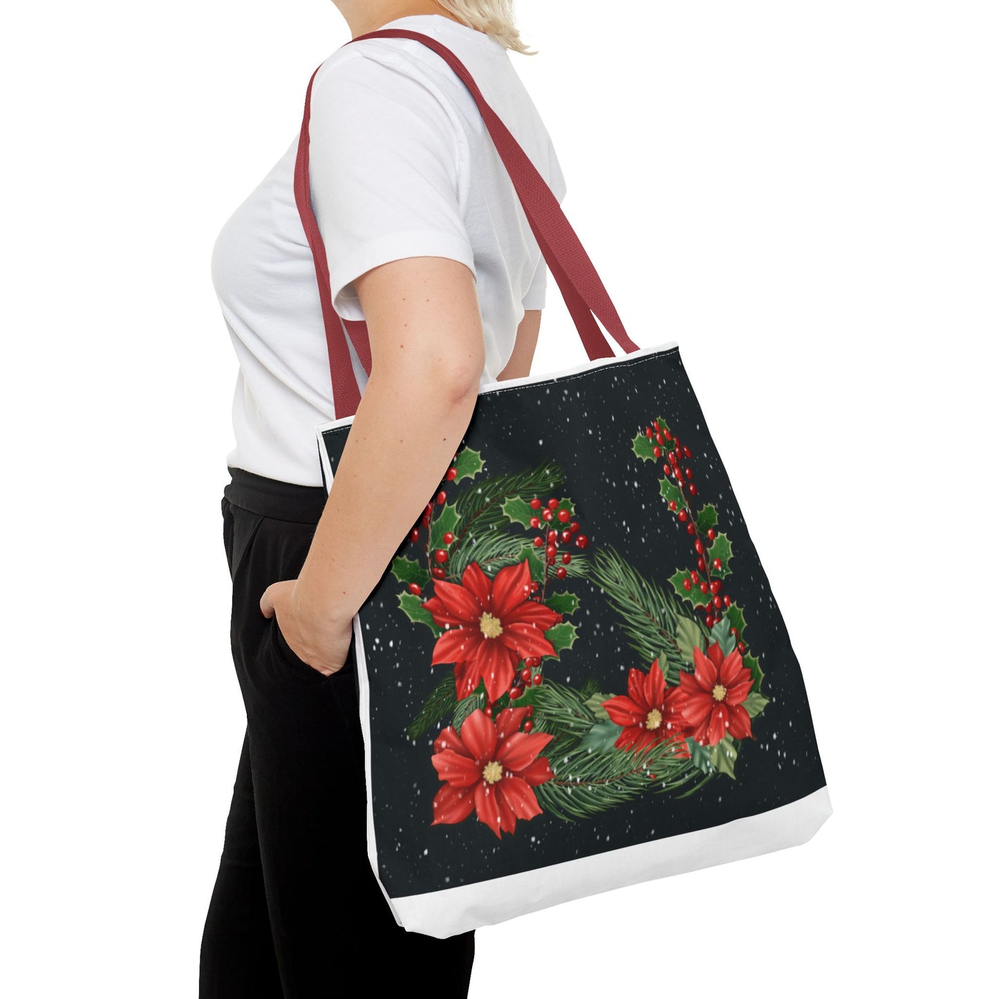 Christmas Tote Bag with Poinsettias, Pine, and Holly Design