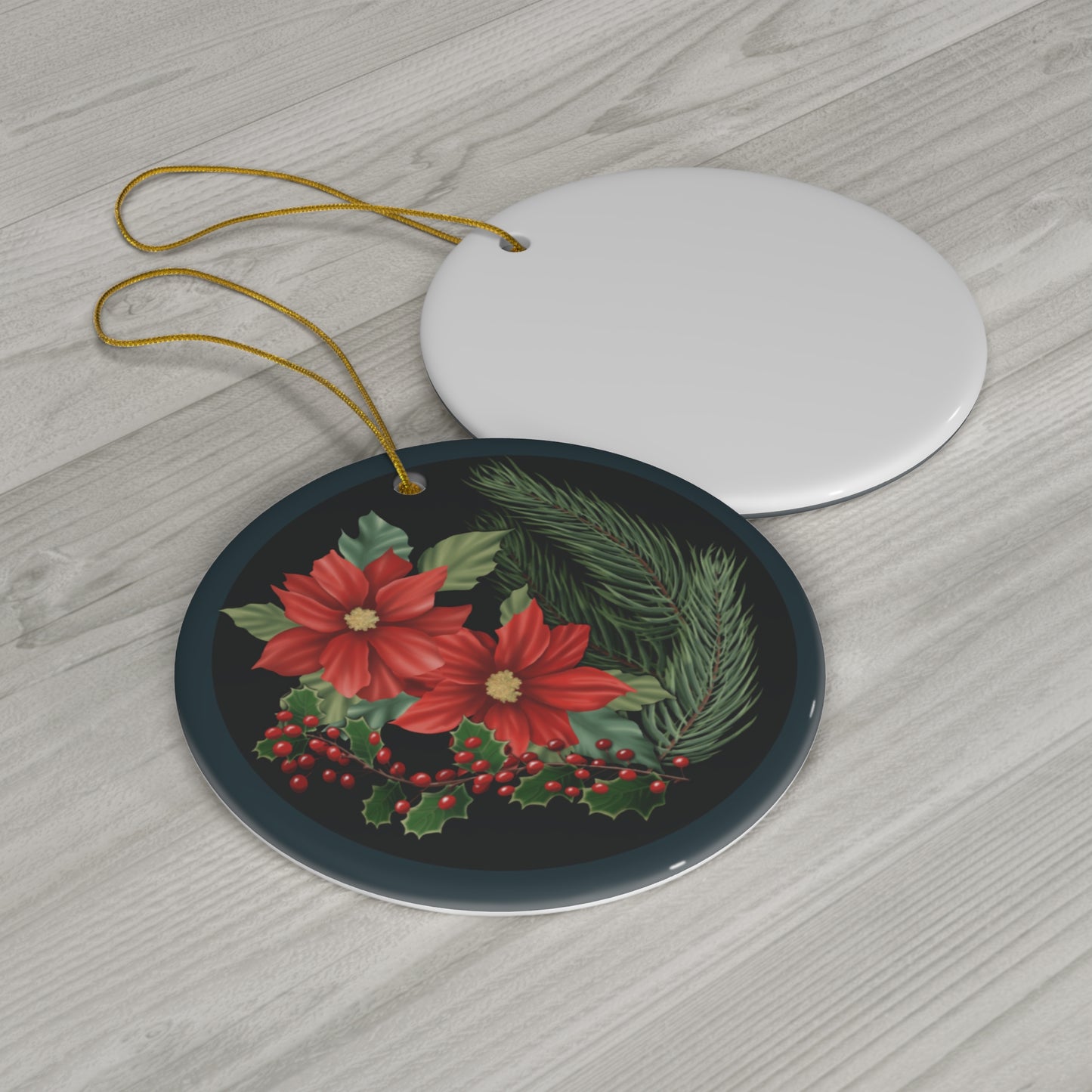 Ceramic Ornament - Poinsettia, Pine, and Holly