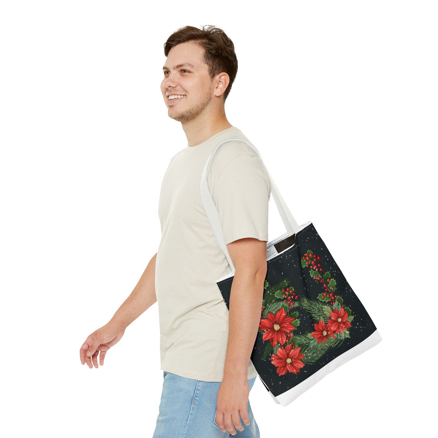 Christmas Tote Bag with Poinsettias, Pine, and Holly Design