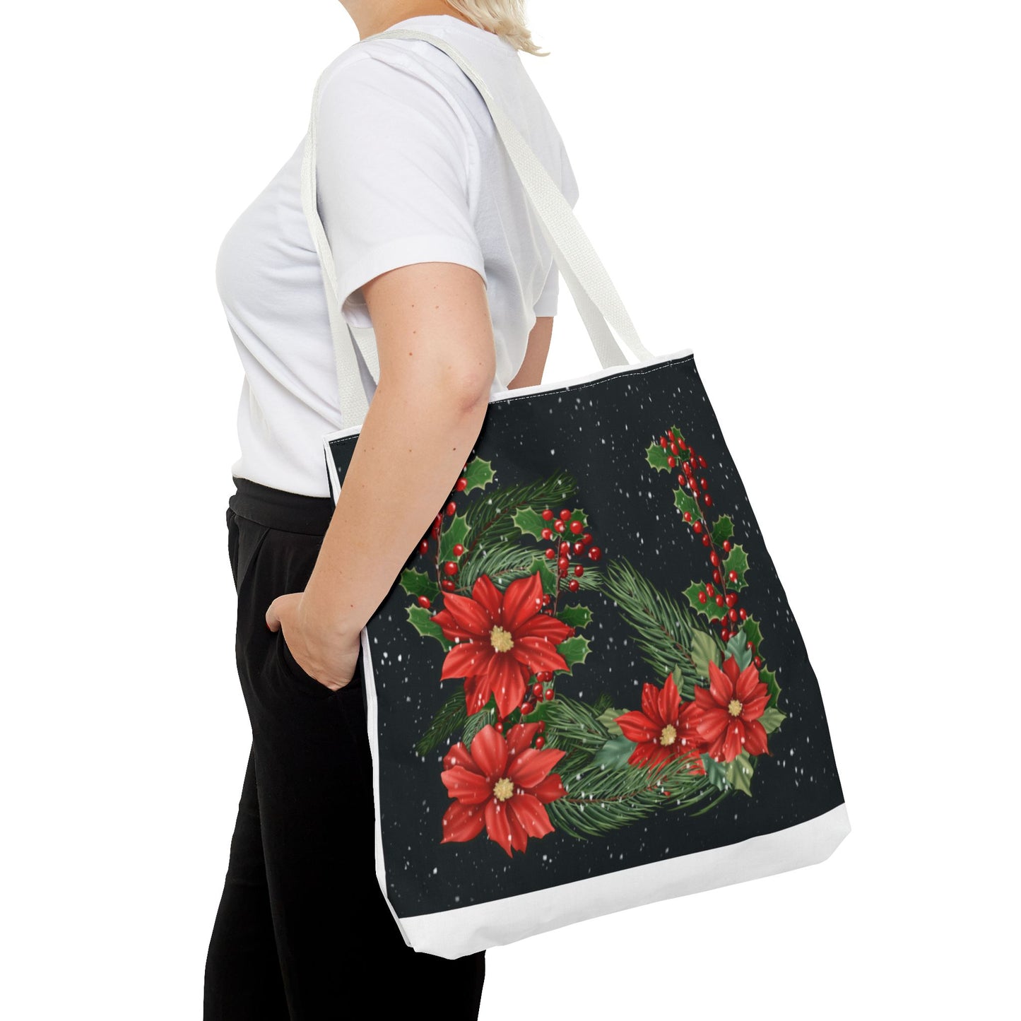 Christmas Tote Bag with Poinsettias, Pine, and Holly Design