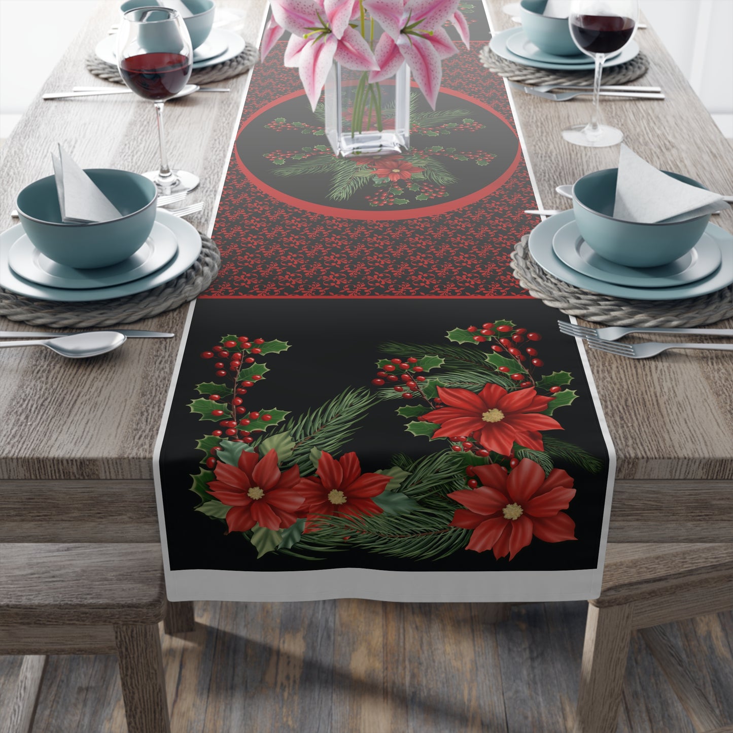 Table Runner - Poinsettias, Pine, and Holly Design