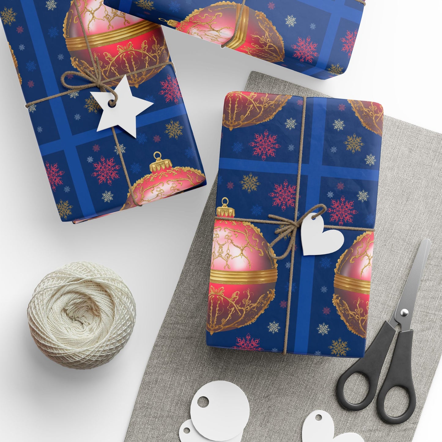 Gift Wrap Papers - Blue with Red Christmas Ornament Design