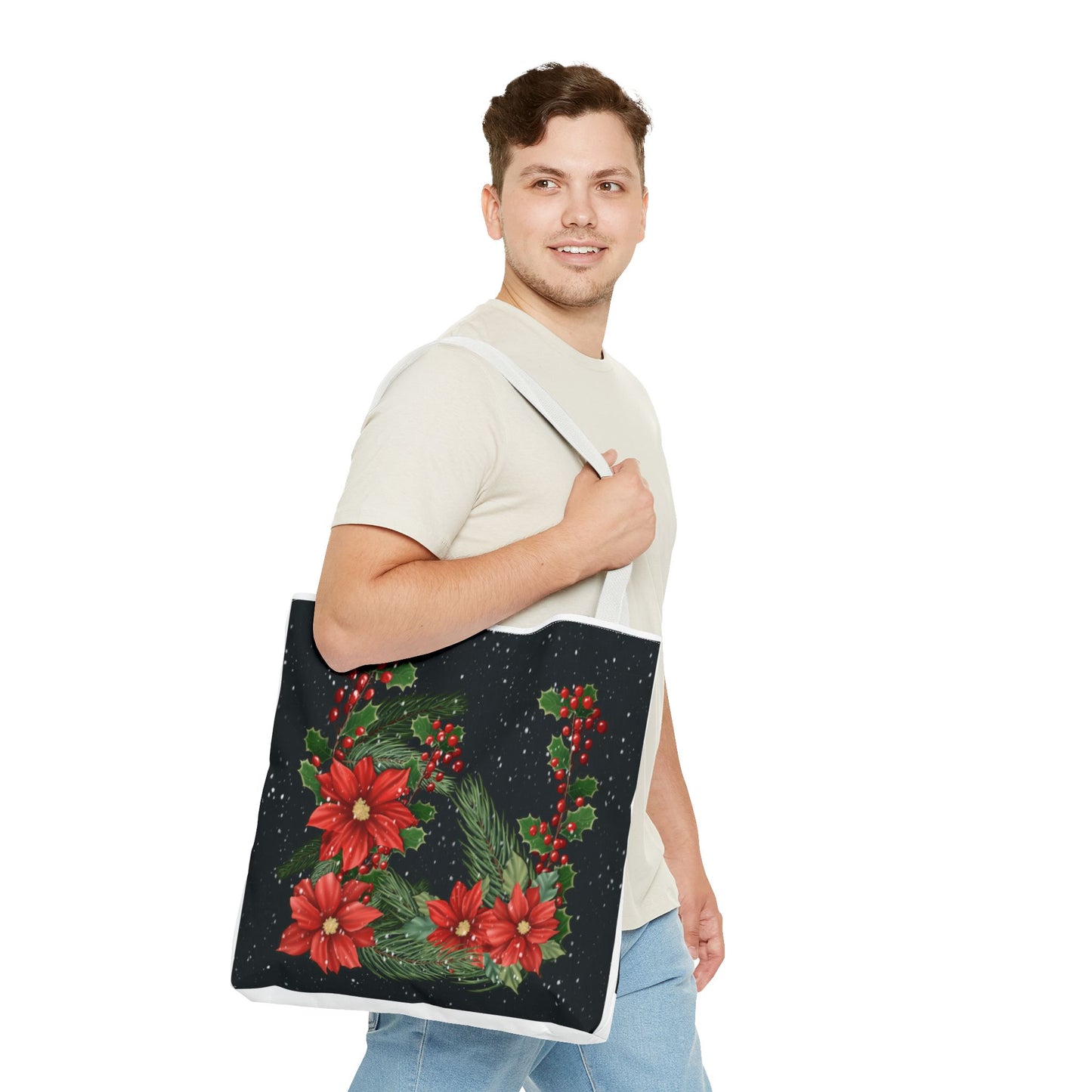 Christmas Tote Bag with Poinsettias, Pine, and Holly Design