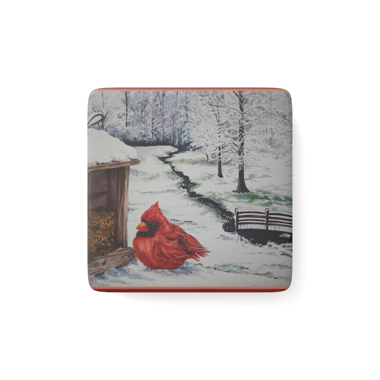 Cardinal Winter Scene Porcelain Magnet, Square