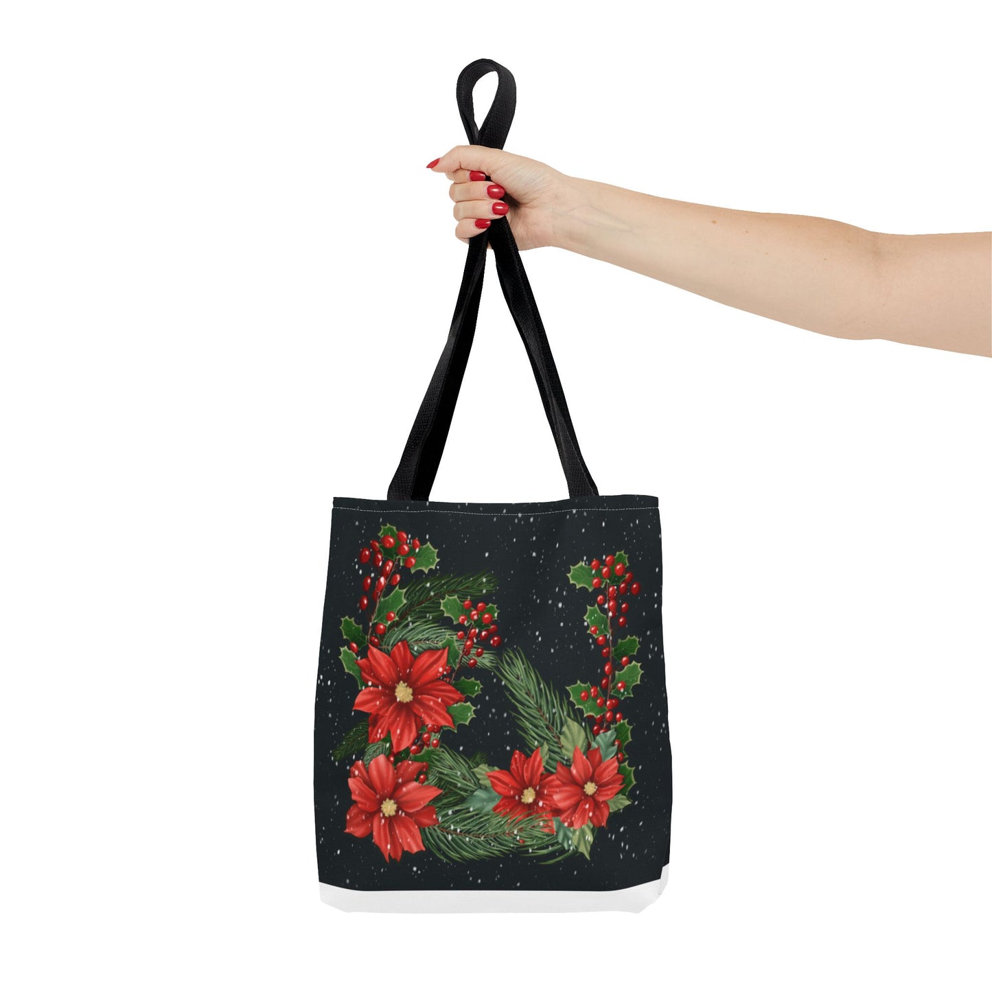 Christmas Tote Bag with Poinsettias, Pine, and Holly Design