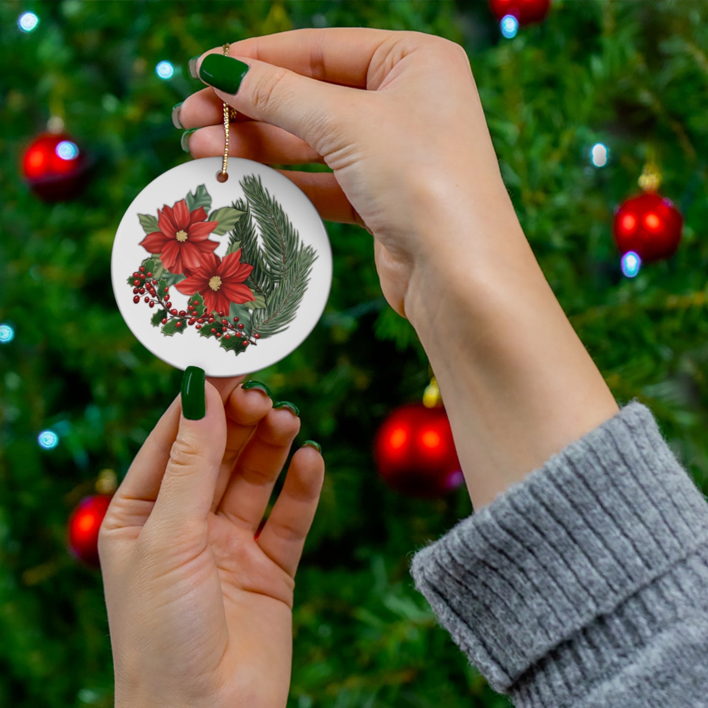 Ceramic Ornament - Poinsettia, Pine, and Holly