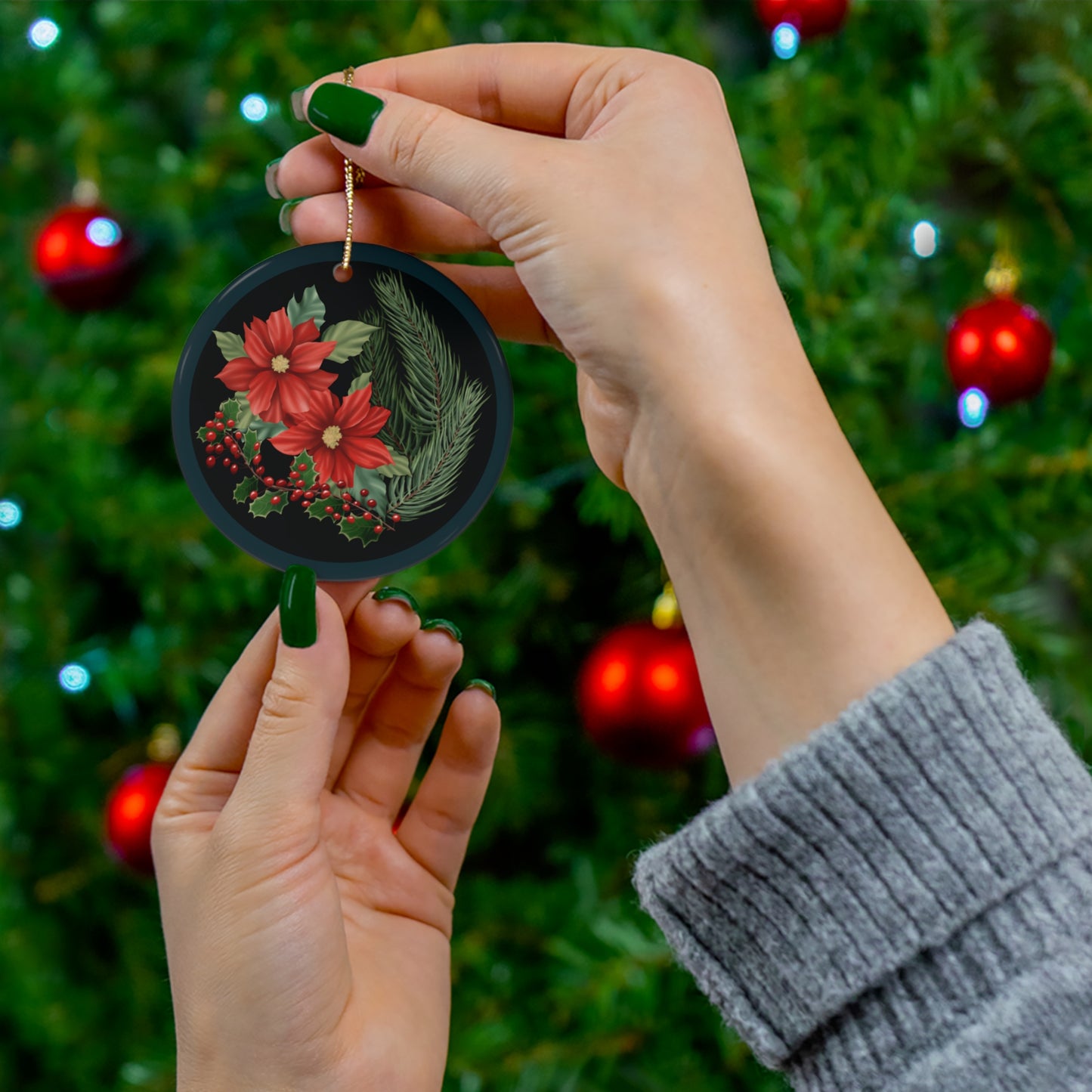 Ceramic Ornament - Poinsettia, Pine, and Holly