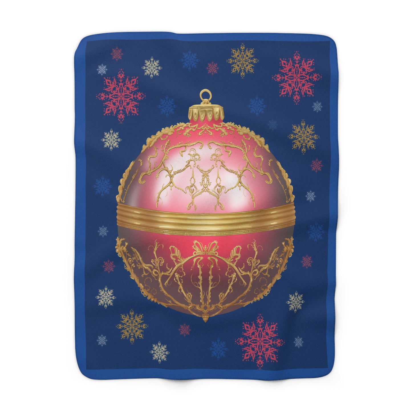 Sherpa Fleece Blanket - Blue with Red Christmas Ornament & Snowflakes