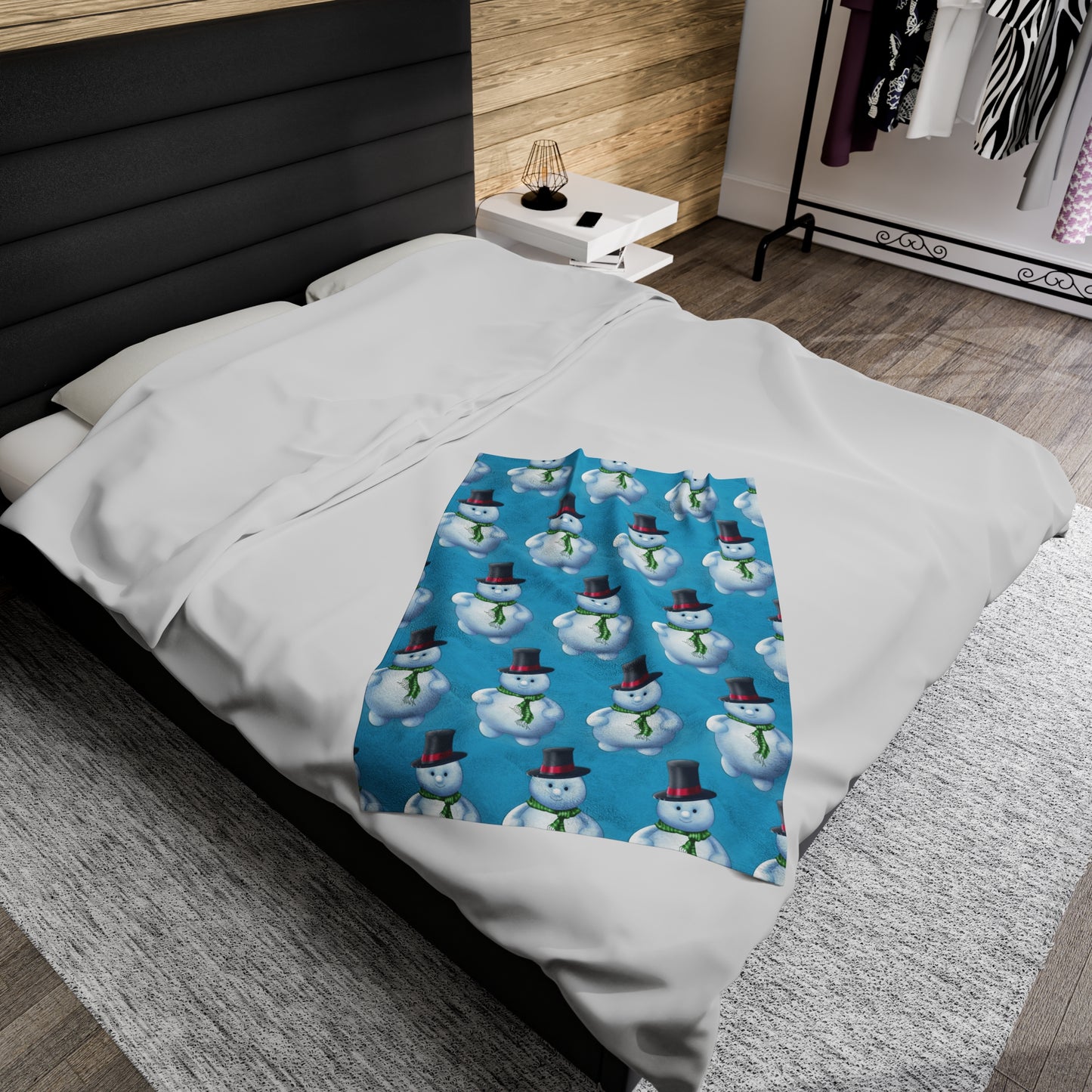 Turquoise, Snowman pattern Velveteen Plush Blanket