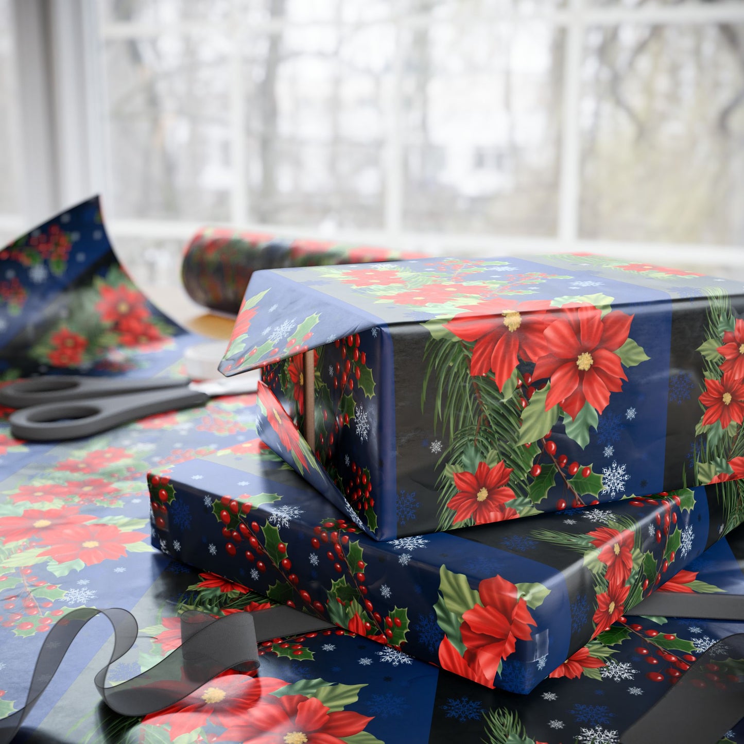 Wrapping Papers - Poinsettia, Pine and Holly Design