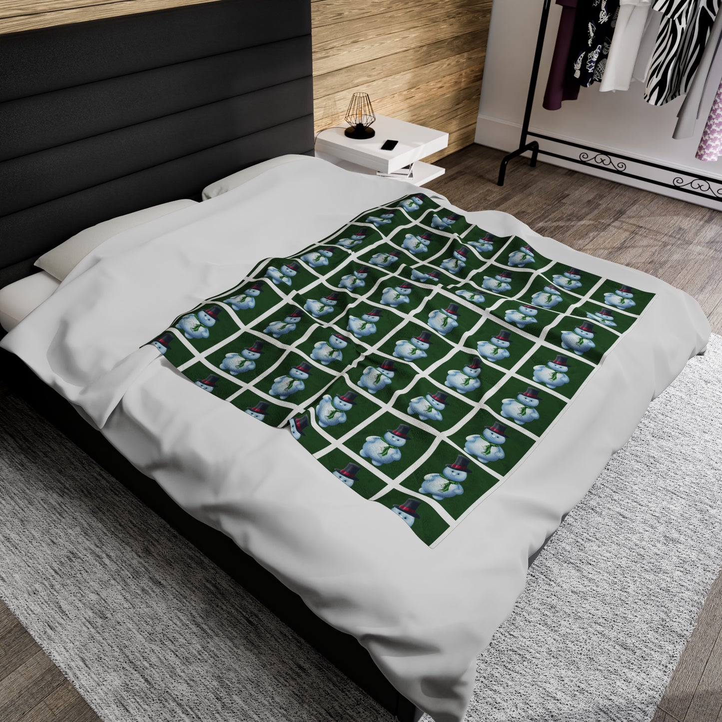 Green squared Snowman pattern Velveteen Plush Blanket