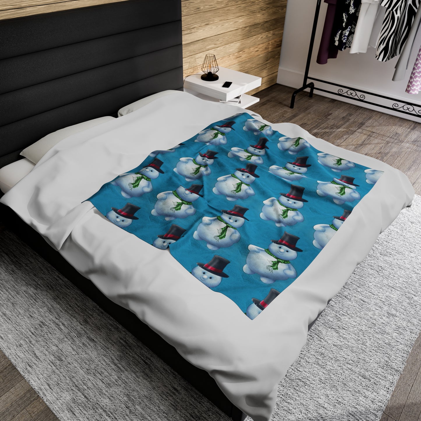 Turquoise, Snowman pattern Velveteen Plush Blanket