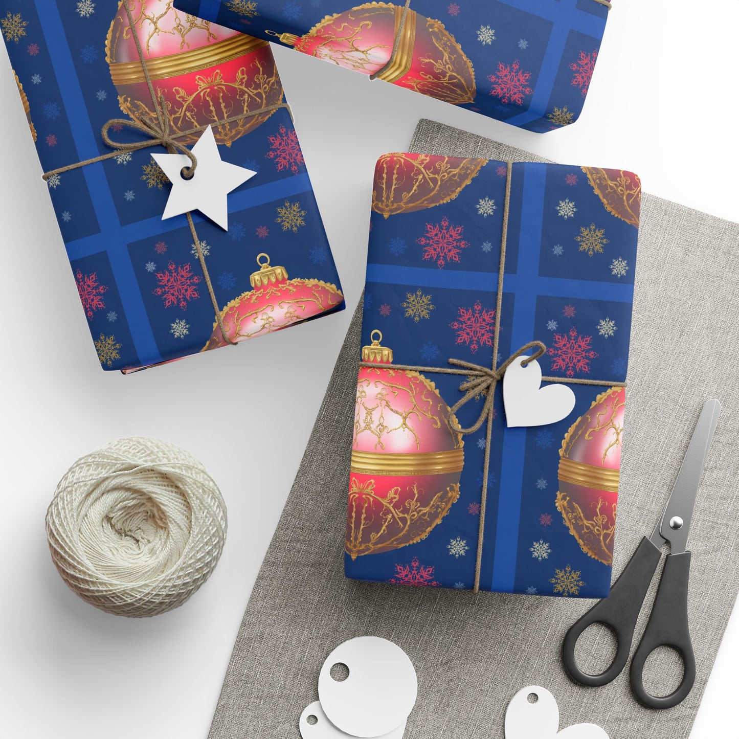 Gift Wrap Papers - Blue with Red Christmas Ornament Design