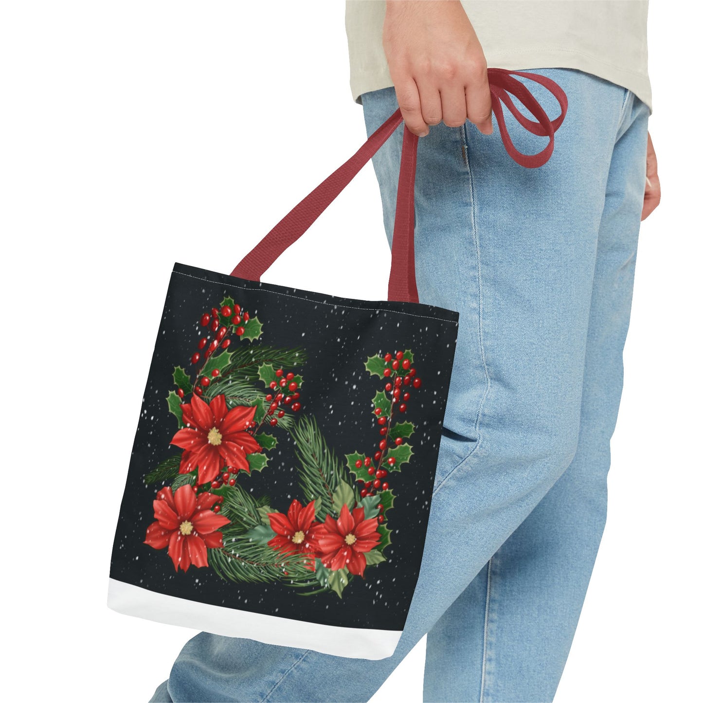 Christmas Tote Bag with Poinsettias, Pine, and Holly Design