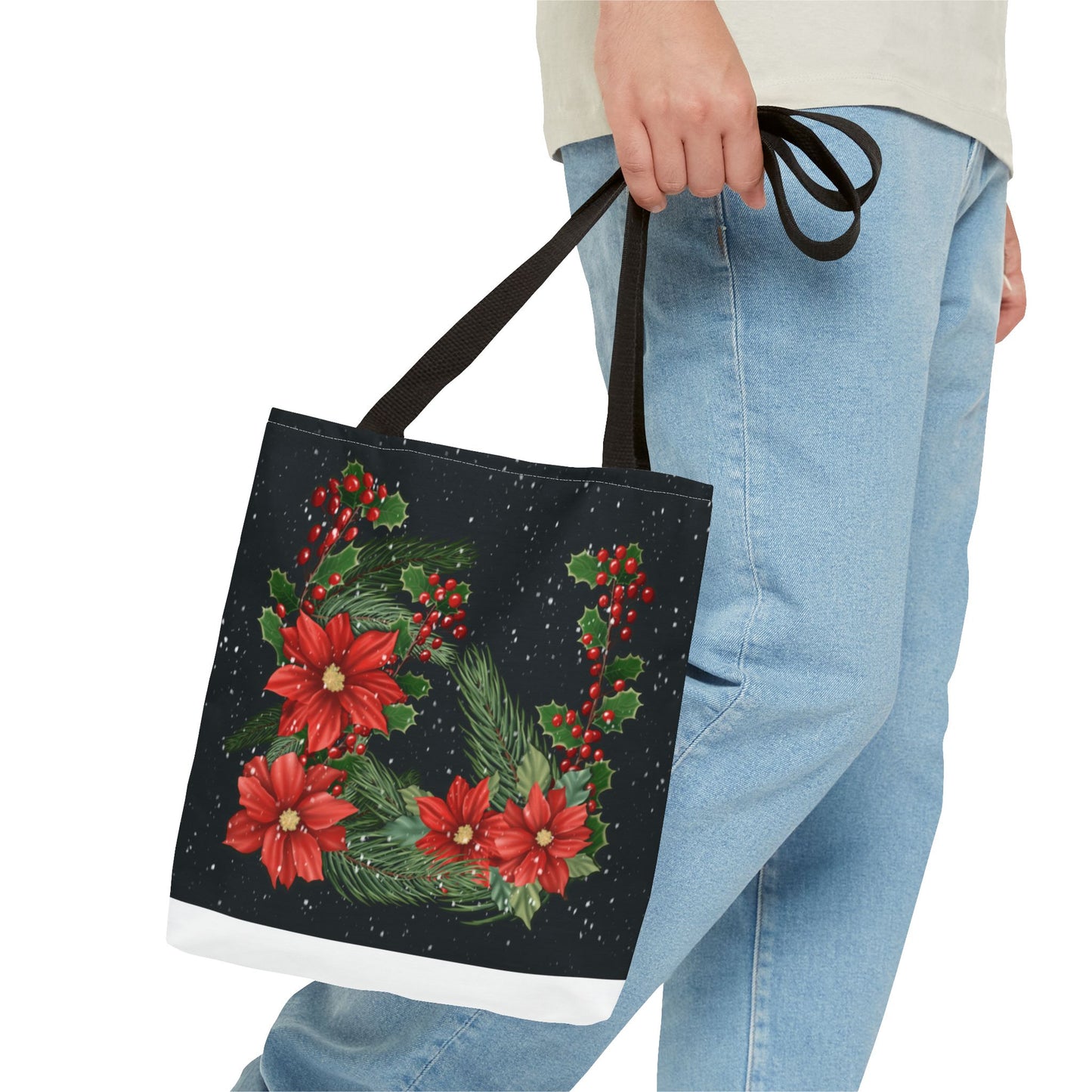 Christmas Tote Bag with Poinsettias, Pine, and Holly Design