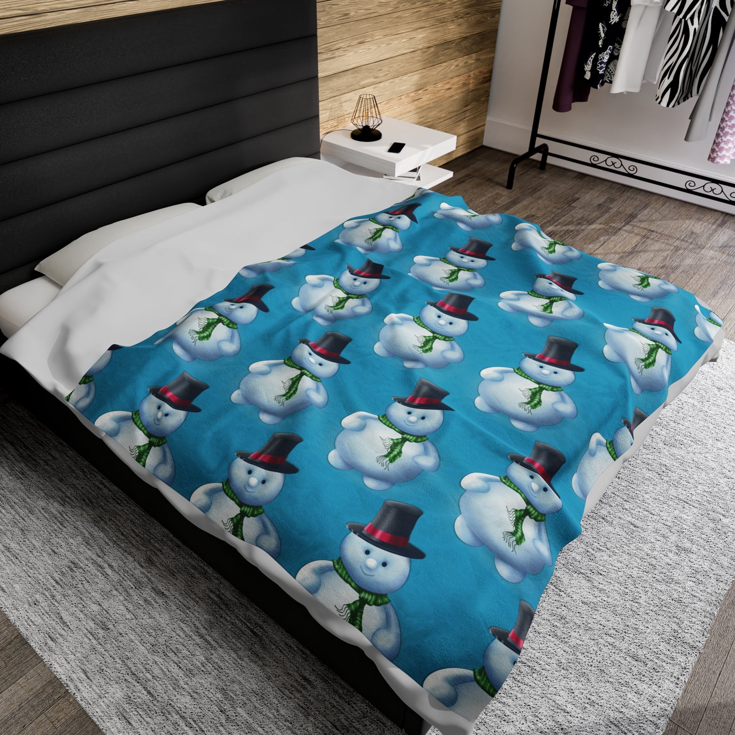 Turquoise, Snowman pattern Velveteen Plush Blanket