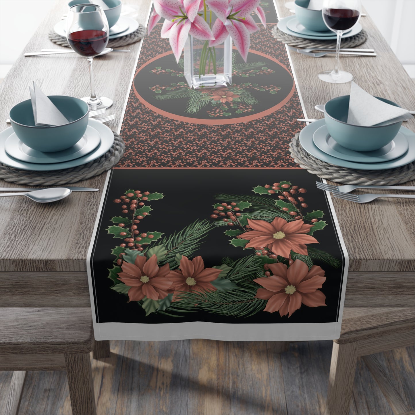 Table Runner - Poinsettias, Pine, and Holly Design