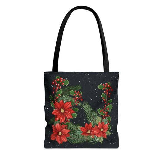 Christmas Tote Bag with Poinsettias, Pine, and Holly Design