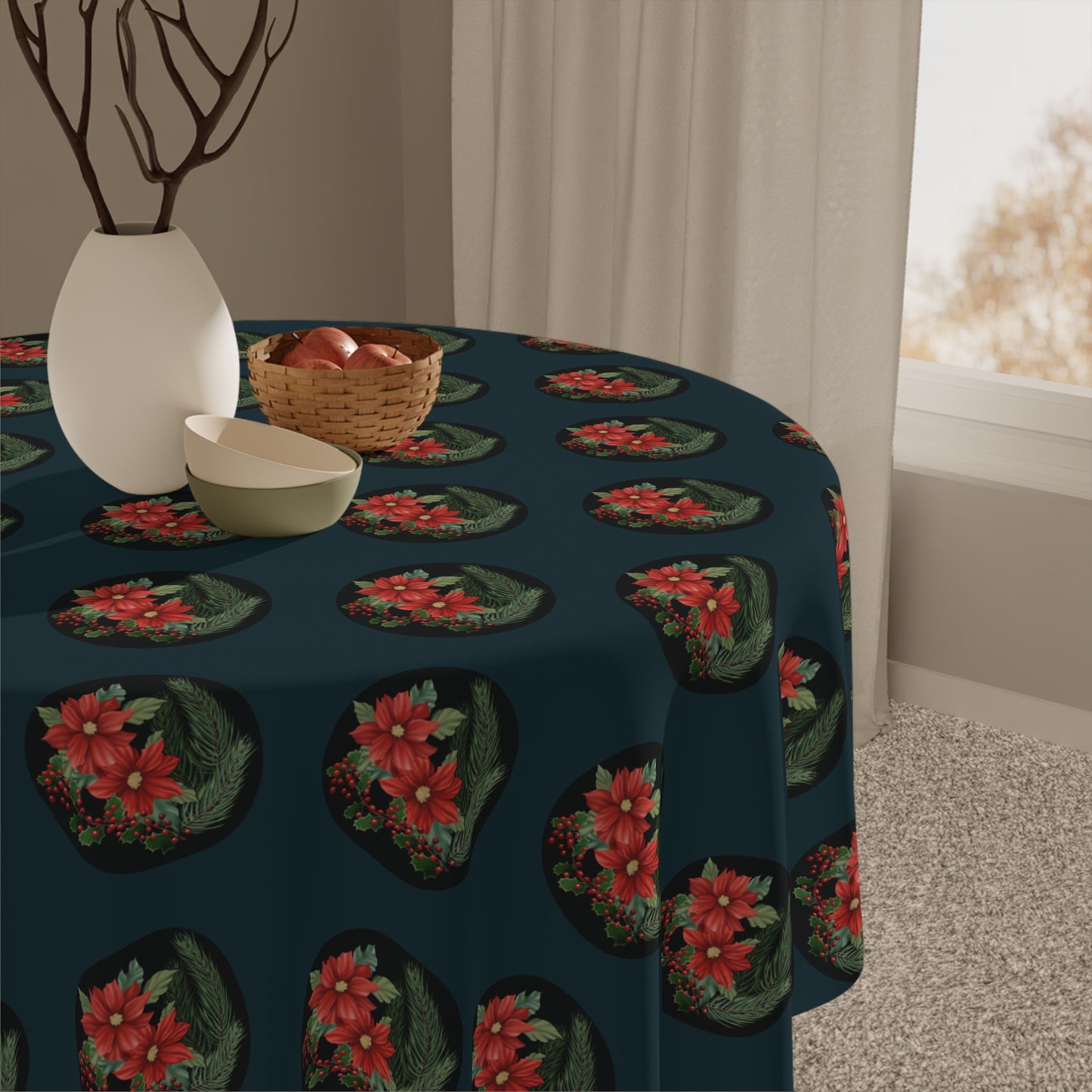 Tablecloth Poinsettias Pine and Holly