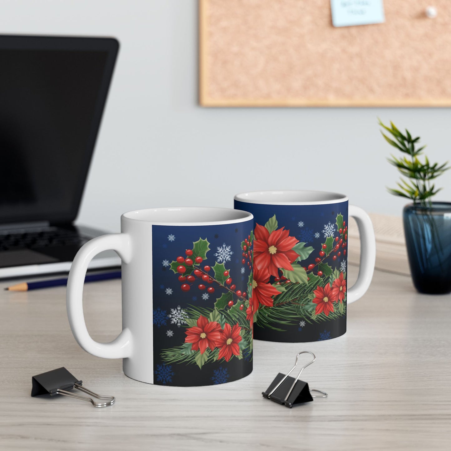 Mug with Poinsettias Pine and Holly Design