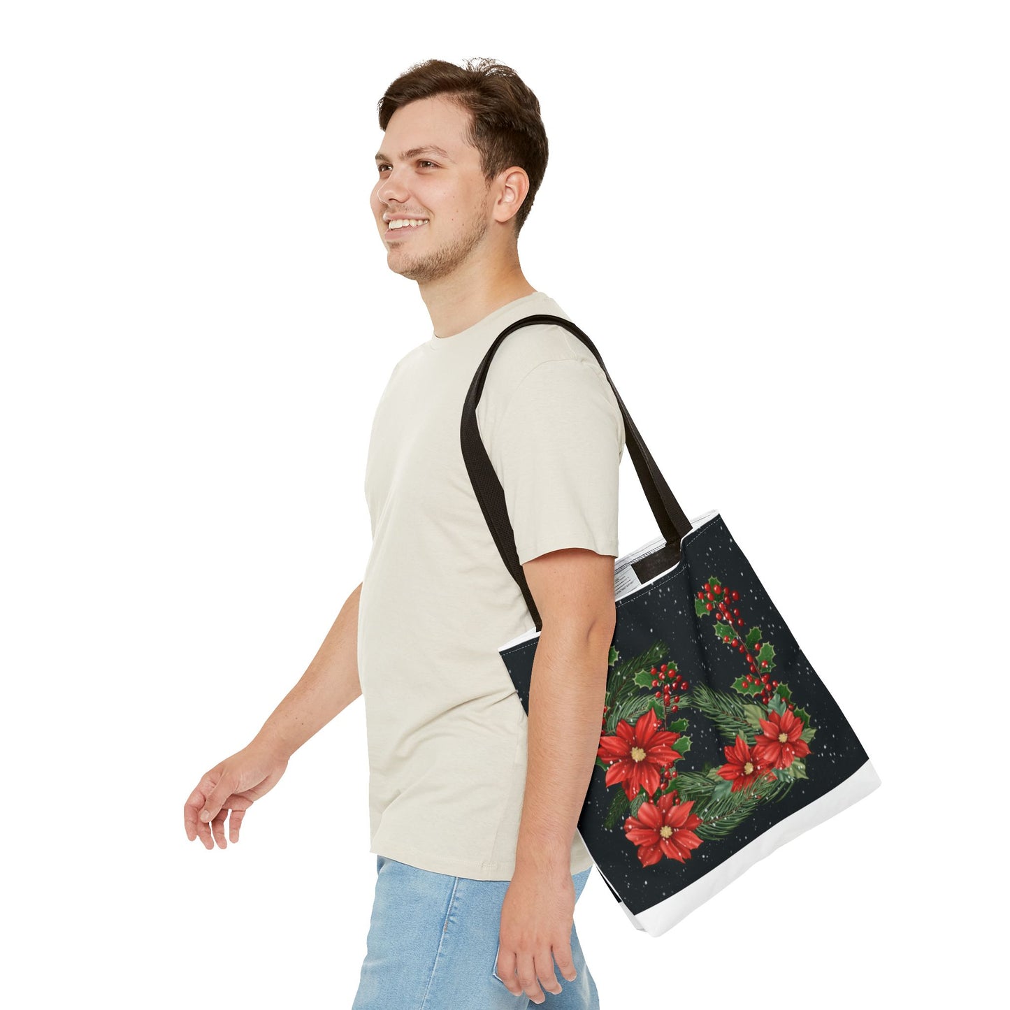 Christmas Tote Bag with Poinsettias, Pine, and Holly Design