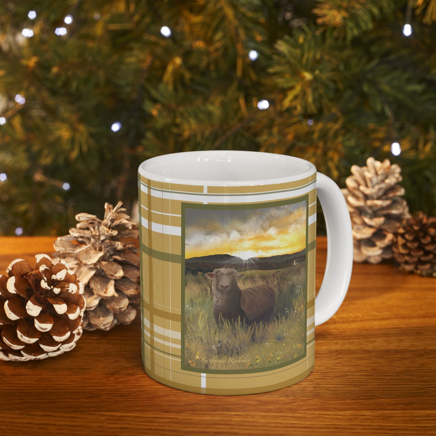 Mug - Sheep in Field Morning Sun Ceramic Mug Plaid (11oz, 15oz)