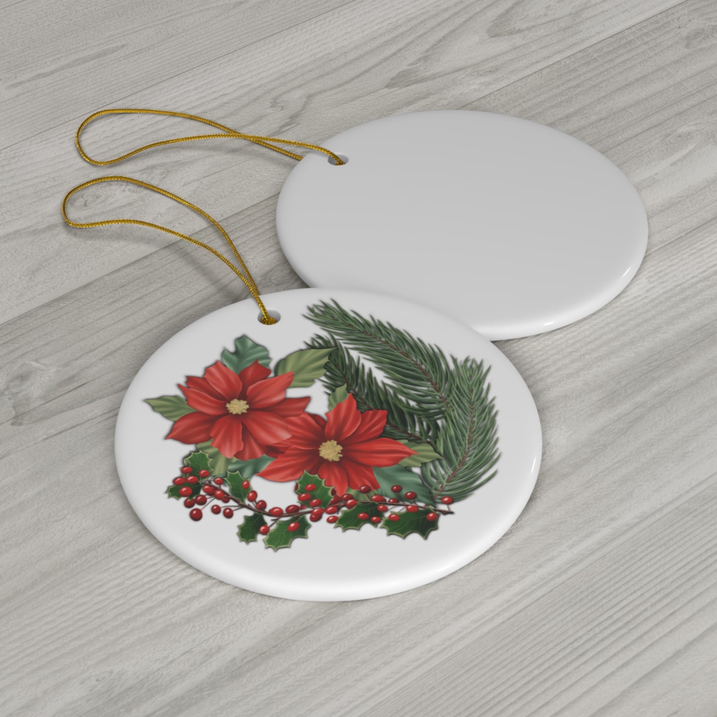 Ceramic Ornament - Poinsettia, Pine, and Holly