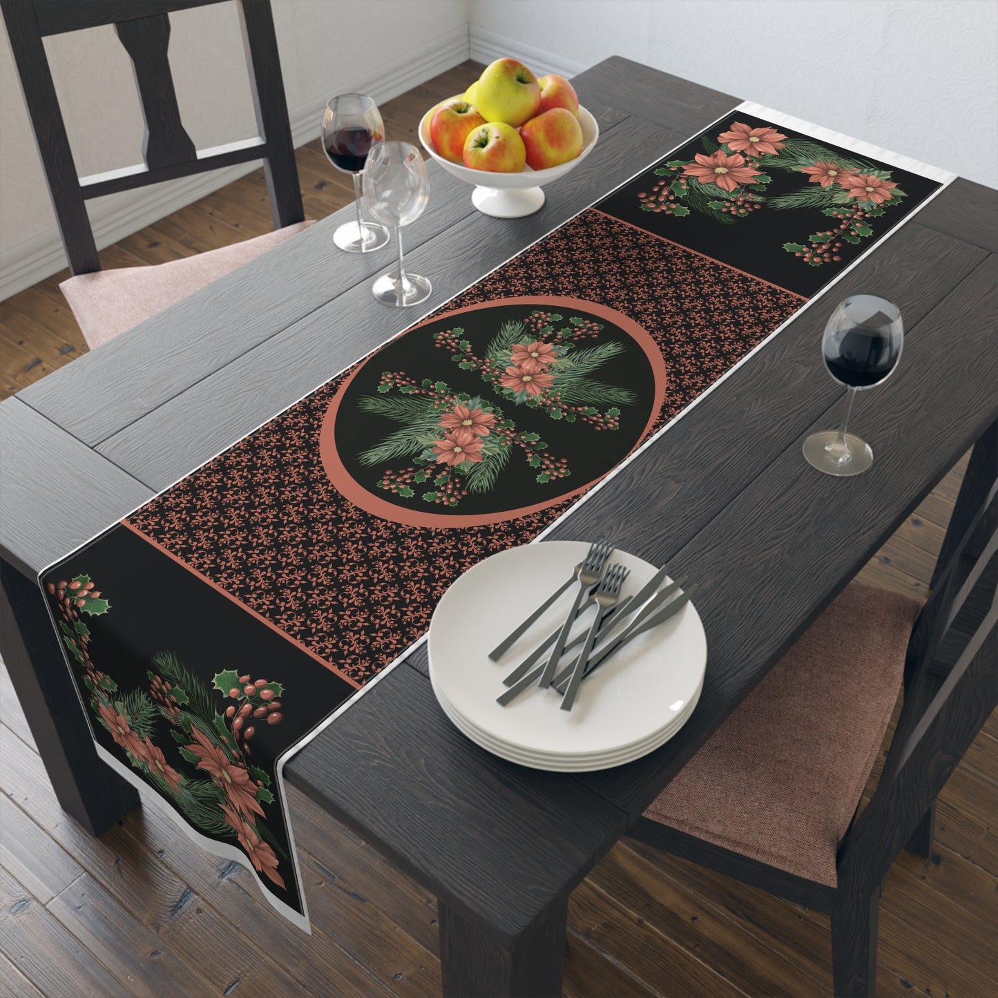 Table Runner - Poinsettias, Pine, and Holly Design