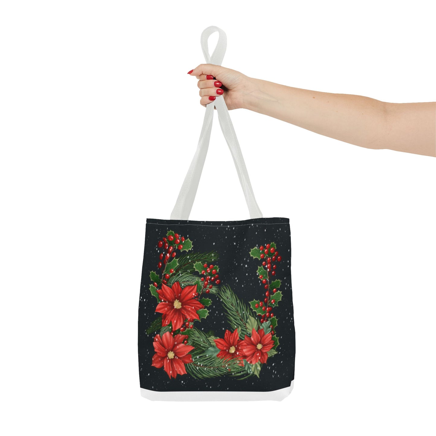 Christmas Tote Bag with Poinsettias, Pine, and Holly Design