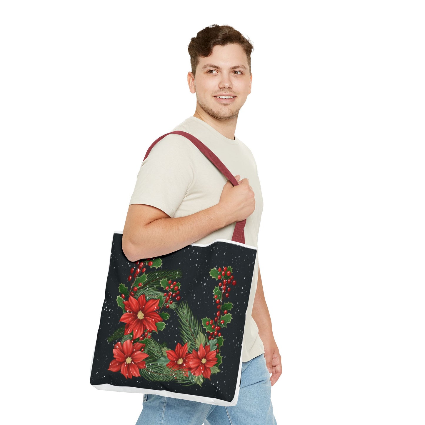 Christmas Tote Bag with Poinsettias, Pine, and Holly Design