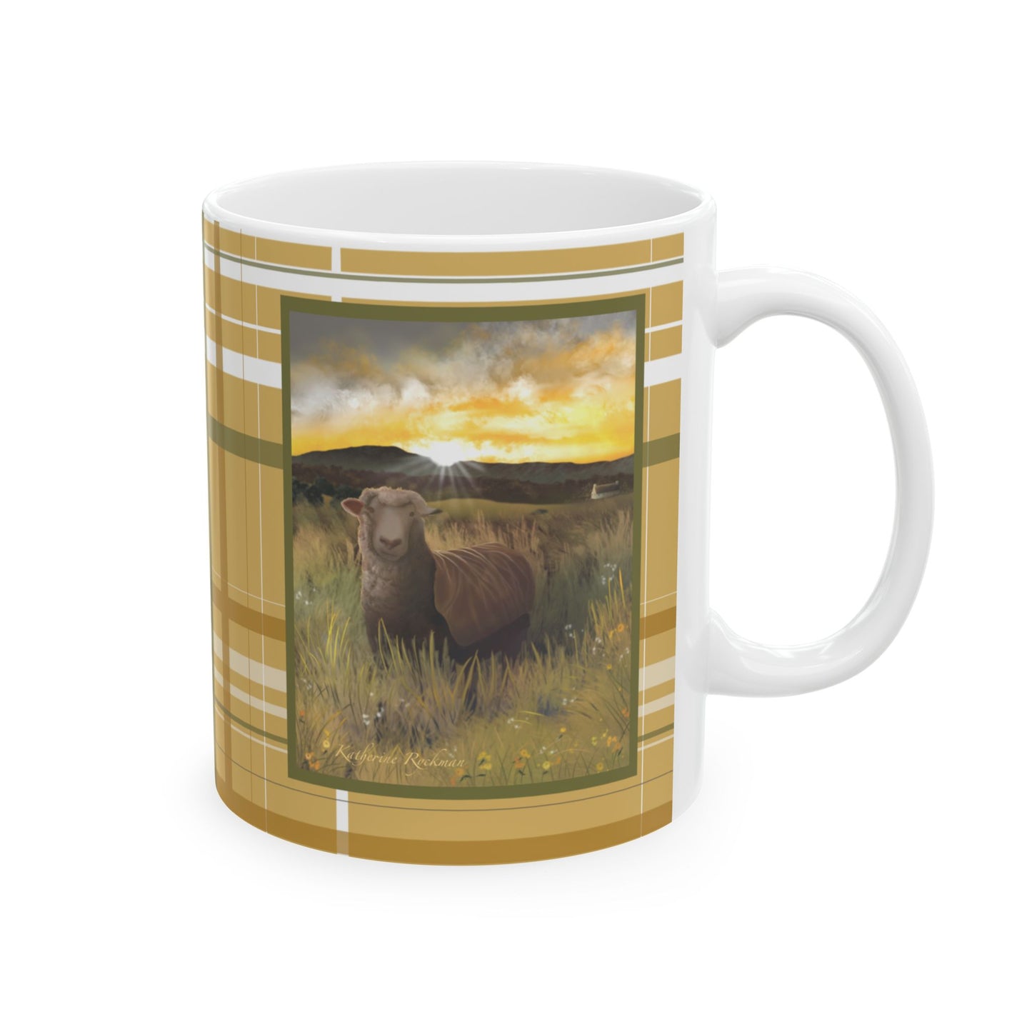 Mug - Sheep in Field Morning Sun Ceramic Mug Plaid (11oz, 15oz)