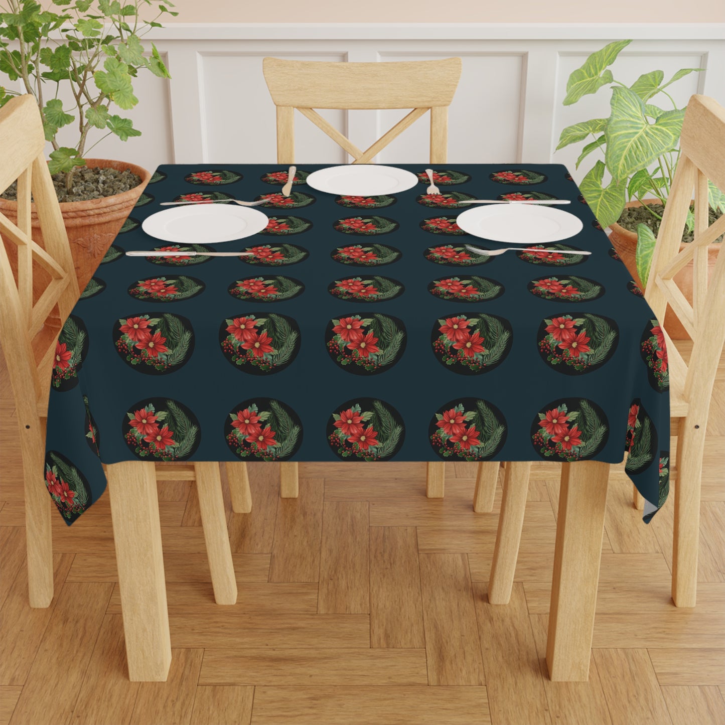 Tablecloth Poinsettias Pine and Holly