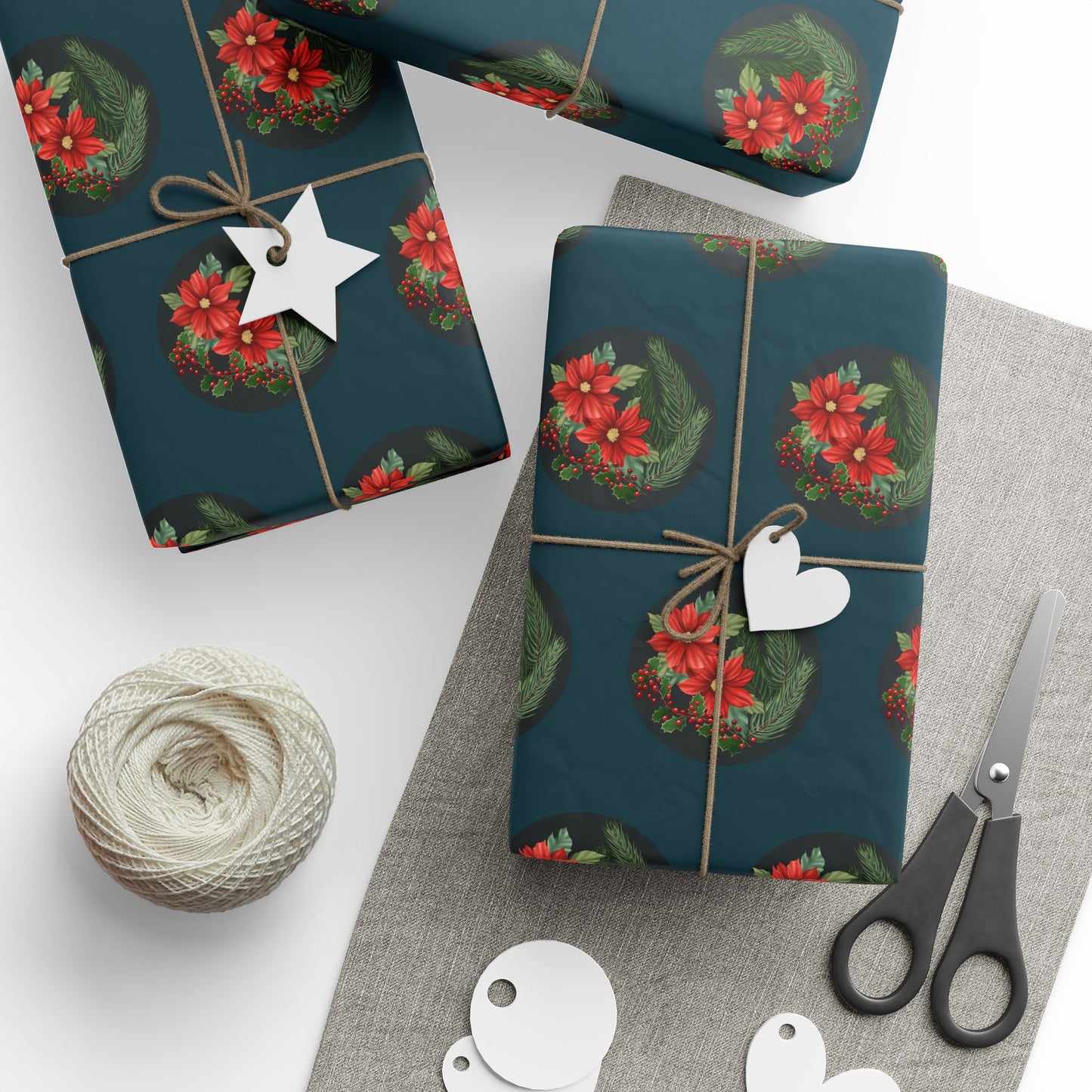 Wrapping Papers - Poinsettia, Pine and Holly Design