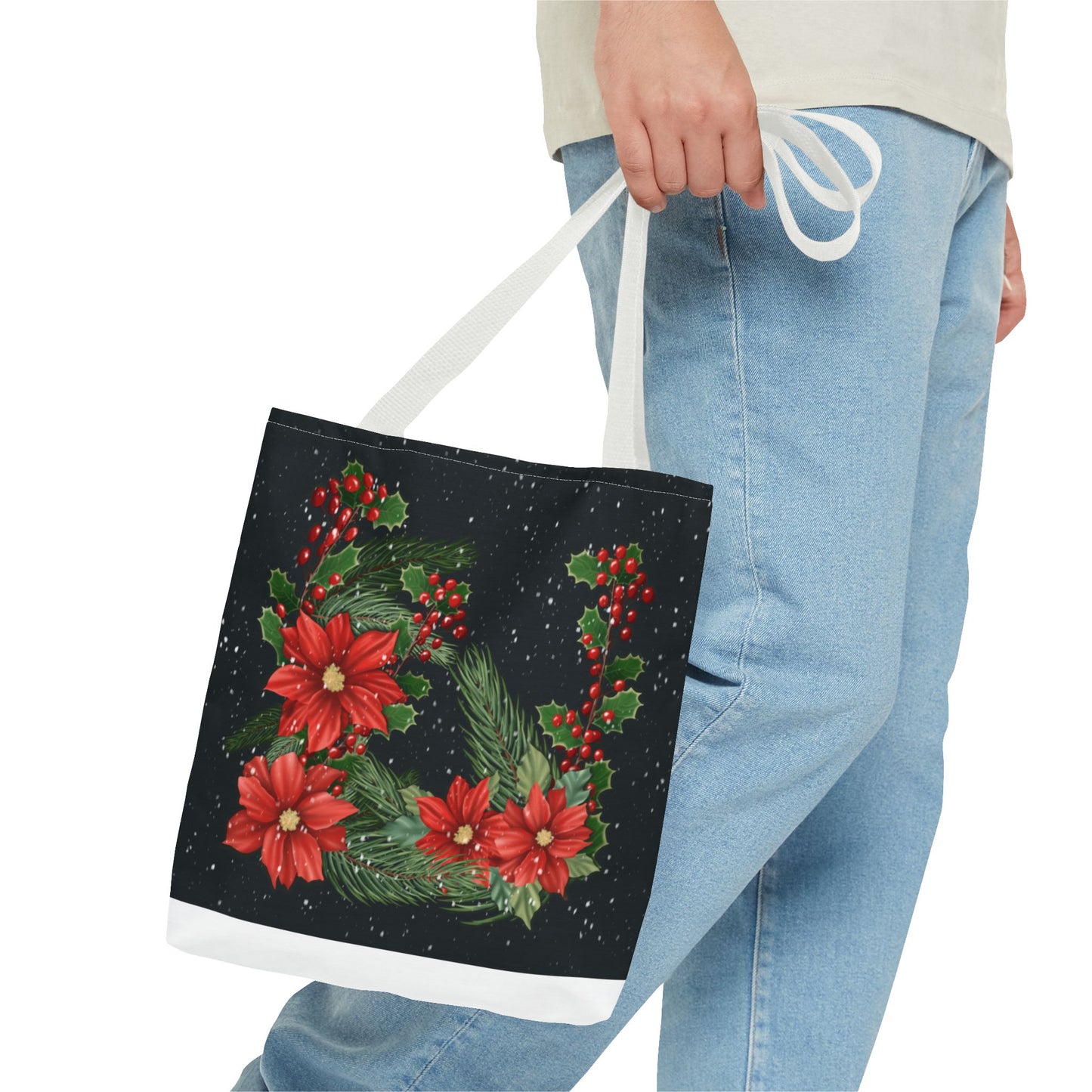 Christmas Tote Bag with Poinsettias, Pine, and Holly Design