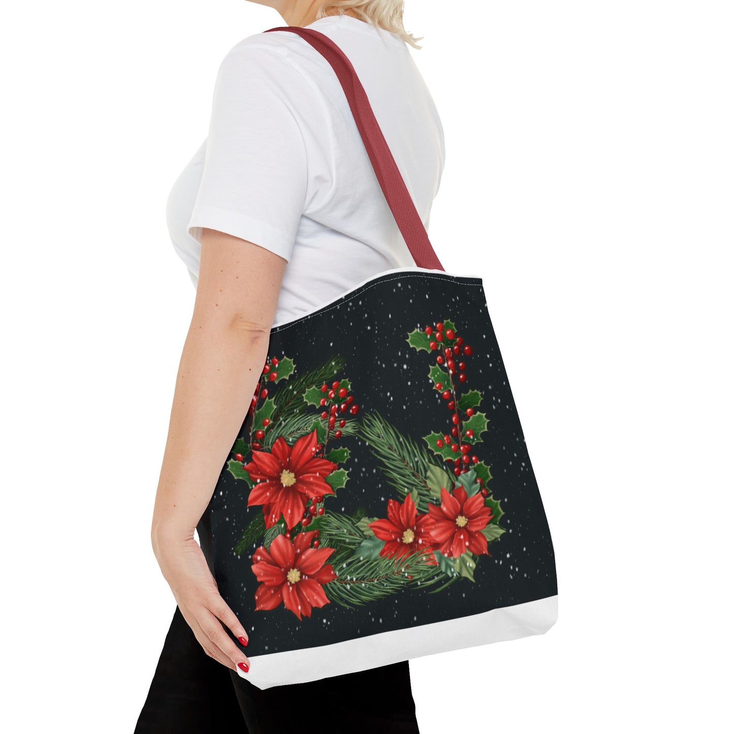 Christmas Tote Bag with Poinsettias, Pine, and Holly Design