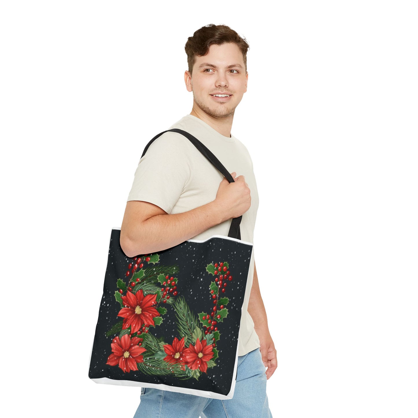 Christmas Tote Bag with Poinsettias, Pine, and Holly Design