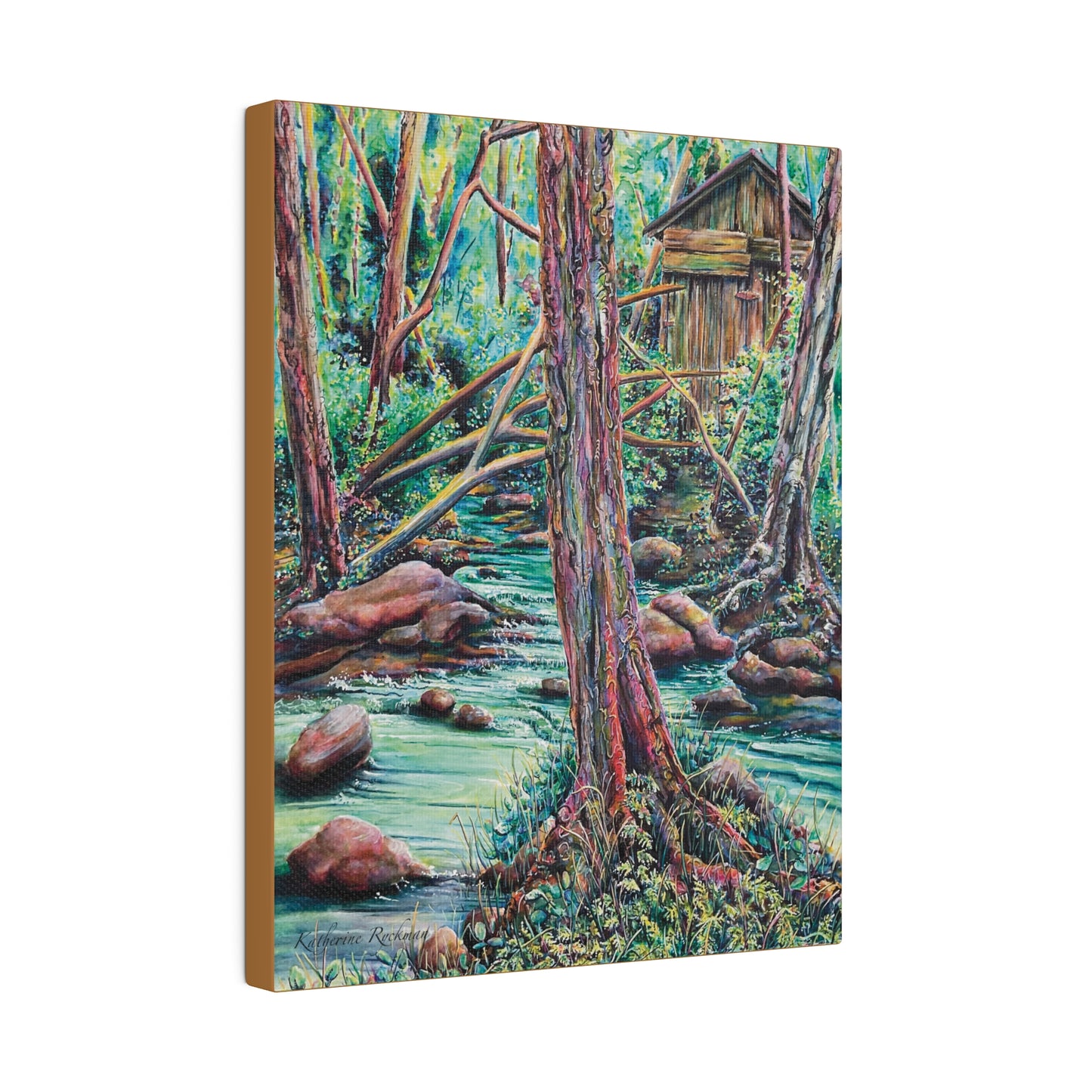 Canvas Print - Woodland River with Old Wooden Shack