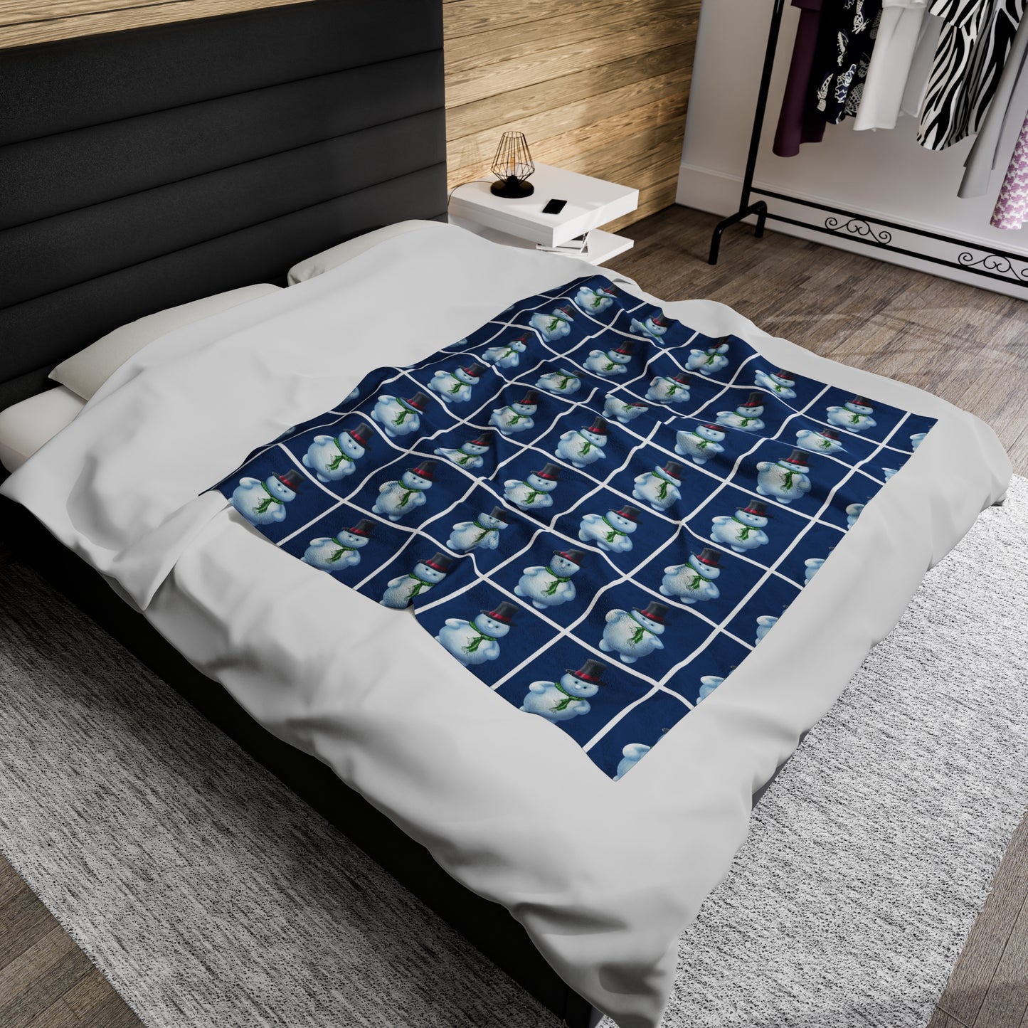 Blue squared Snowman pattern Velveteen Plush Blanket